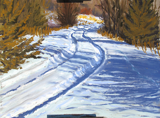 pastel painting plein air of snowy country road, by John Hulsey